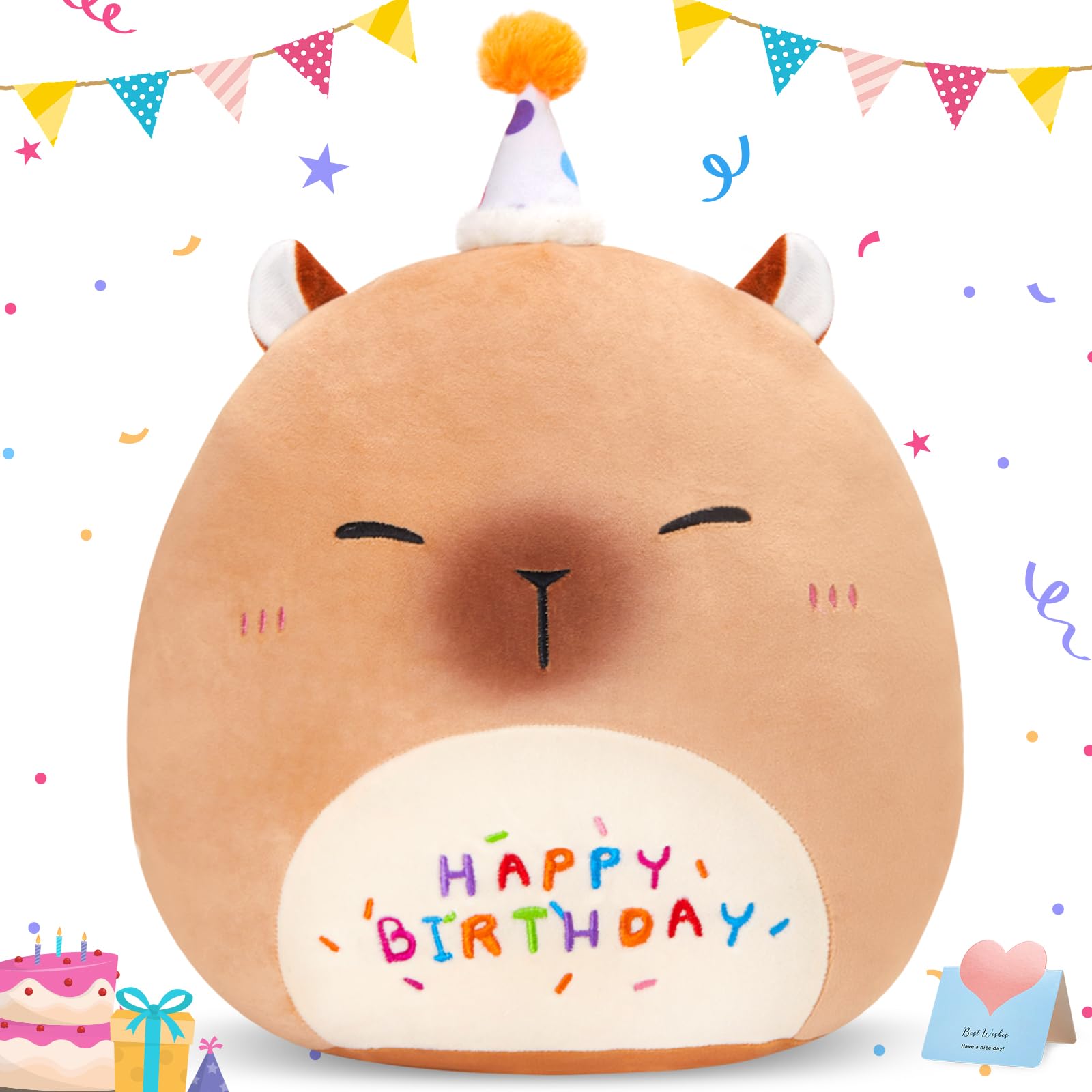 Cozyworld 14' Birthday Capybara Plush Pillow,Cute Capybara Stuffed Animal,Squish Capybara Happy Birthday Pillow,Kawaii Capybara